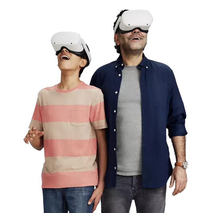 father and son wearing VR headset